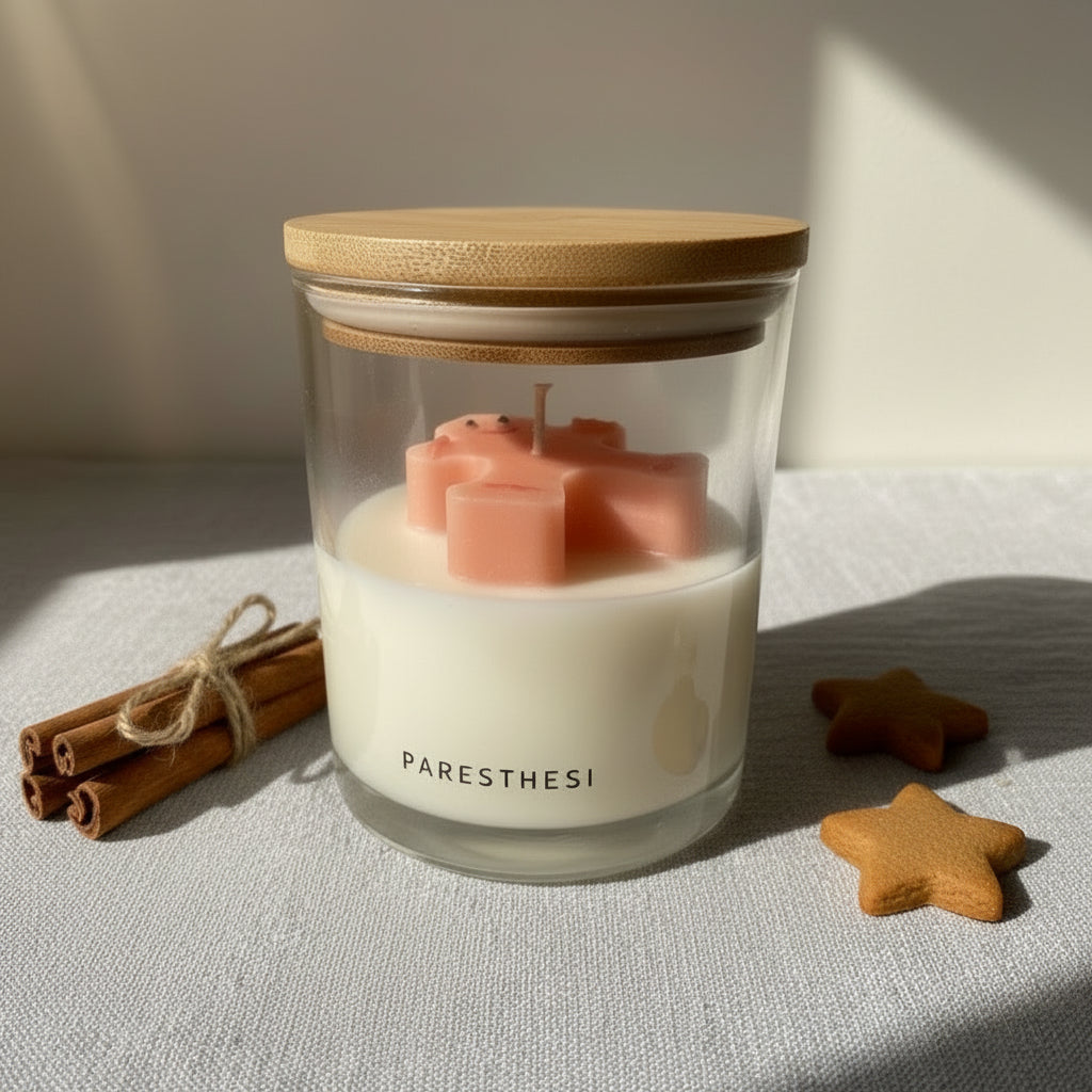 Candle in a glass jar with a wooden lid, surrounded by cookies and cinnamon sticks on a light background