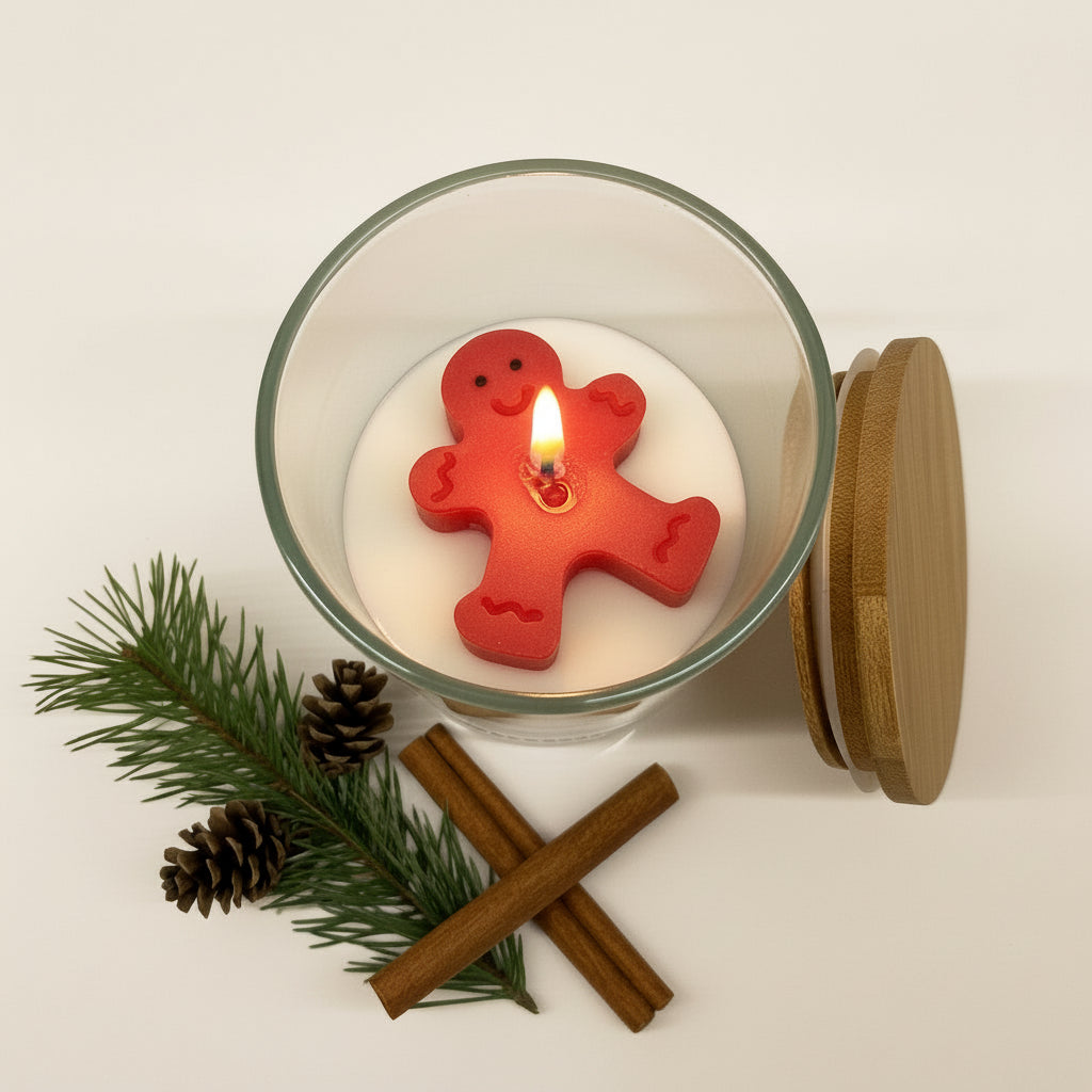 Candle with a gingerbread man-shaped wick on a white background