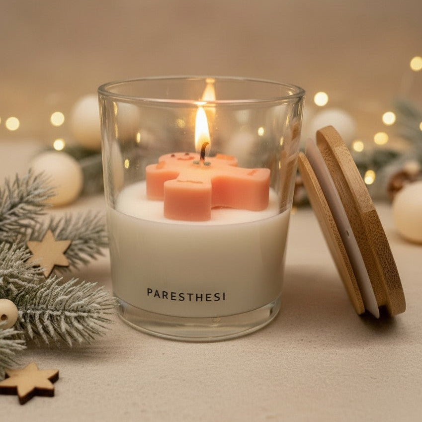 Candle in a glass jar with 'PARESTHESI' branding, surrounded by Christmas decorations.