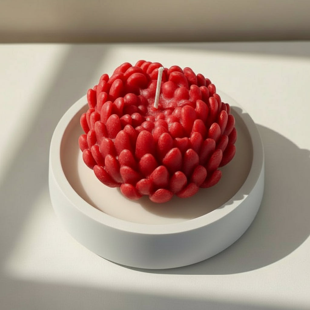 Red chrysanthemum candle in a white porcelain holder on a light background