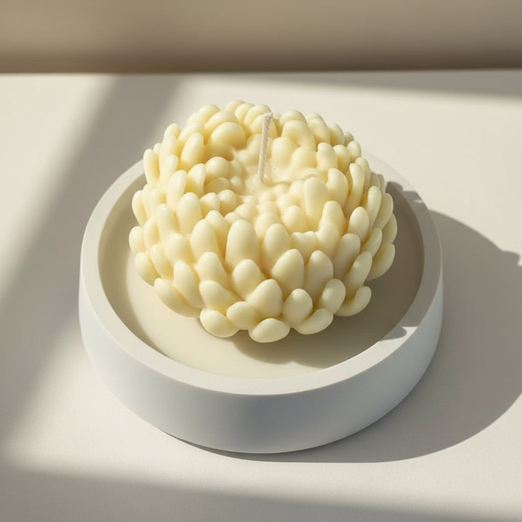Yellow chrysanthemum candle in a white porcelain holder on a light background