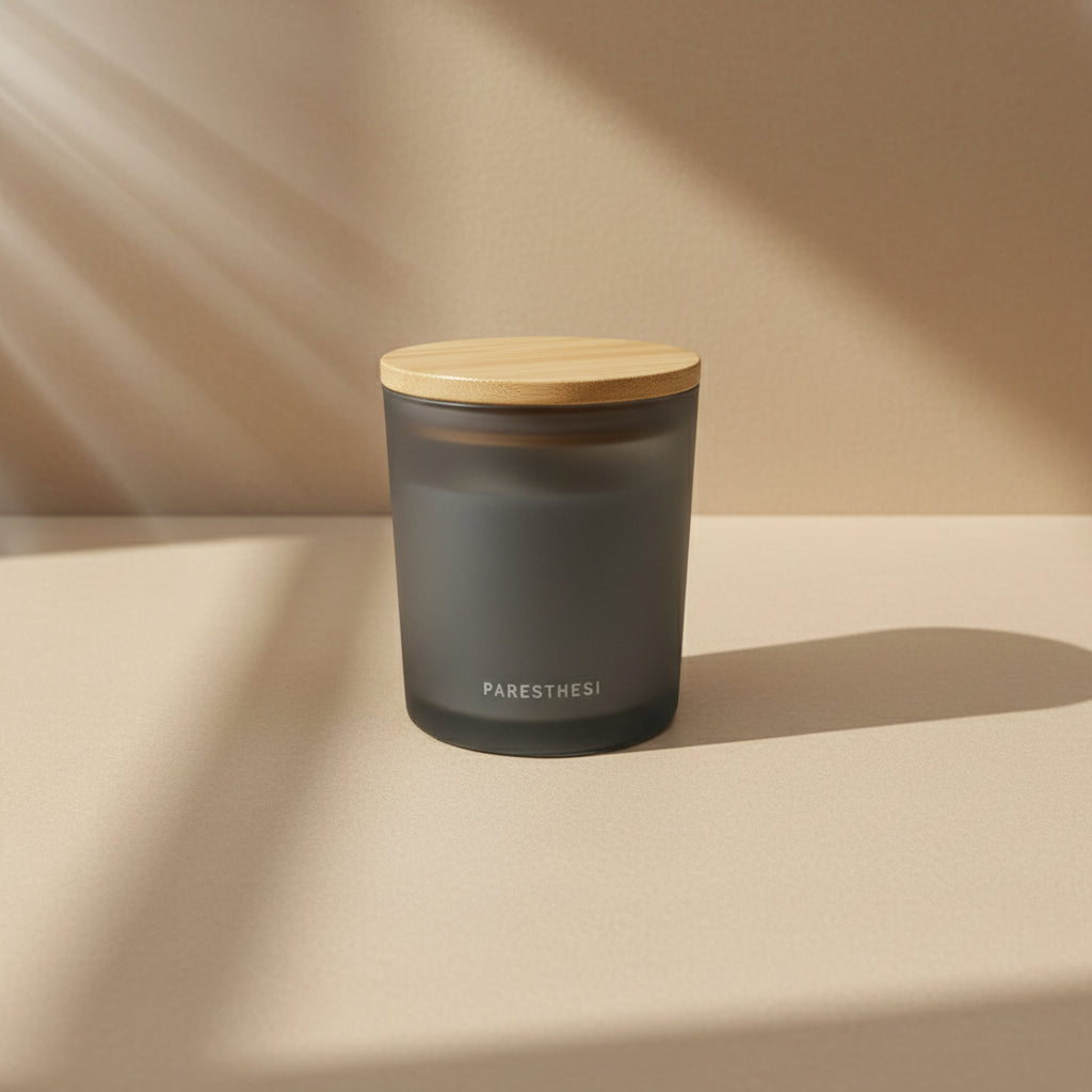 Gray Jar with wooden lid on a white surface and beige background