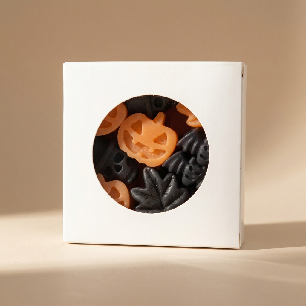 A white square gift box with a circular cutout window showing Halloween-themed wax melt shapes, set against a warm beige background.