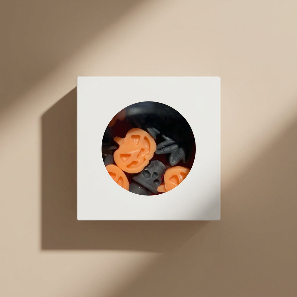 A square white box with a circular cutout showing Halloween-themed wax melts, including orange jack-o'-lantern-shaped candies and dark skull-shaped candies inside, set against a warm beige background with soft shadows.