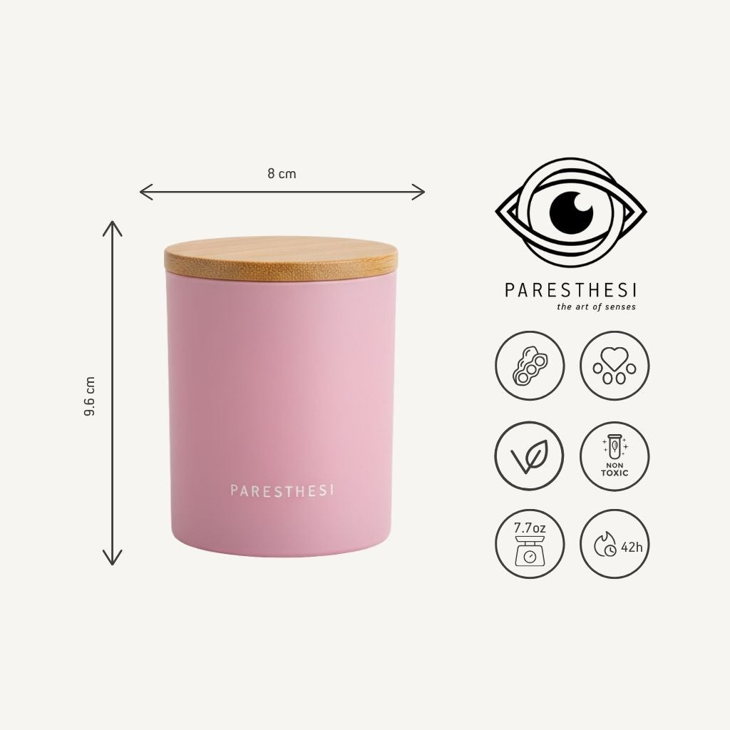 Pink container with wooden lid, dimensions and PARESTHESI branding on a white background