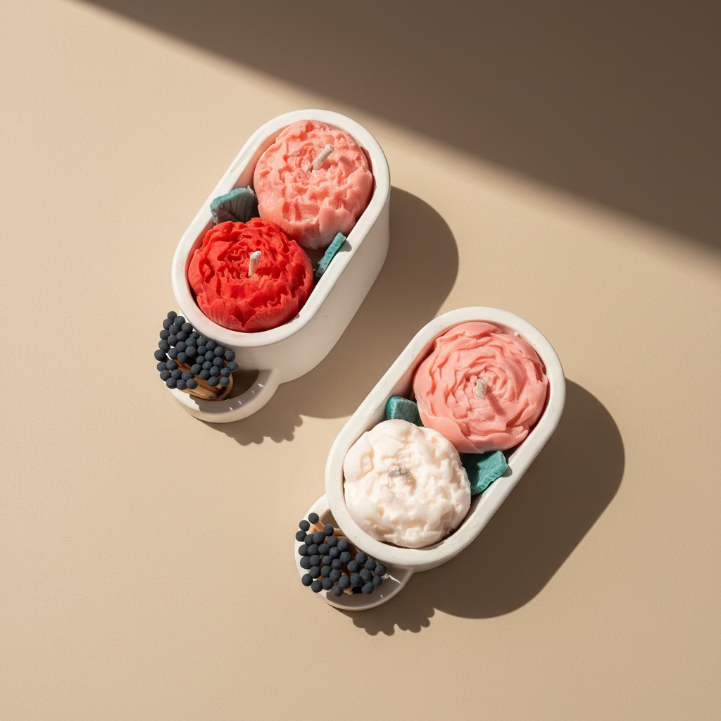 Two small porcelain containers with dark brown match stickers, each holding two flower-shaped candles in pink and red tones, with matchsticks in side holders, photographed on a light beige surface.