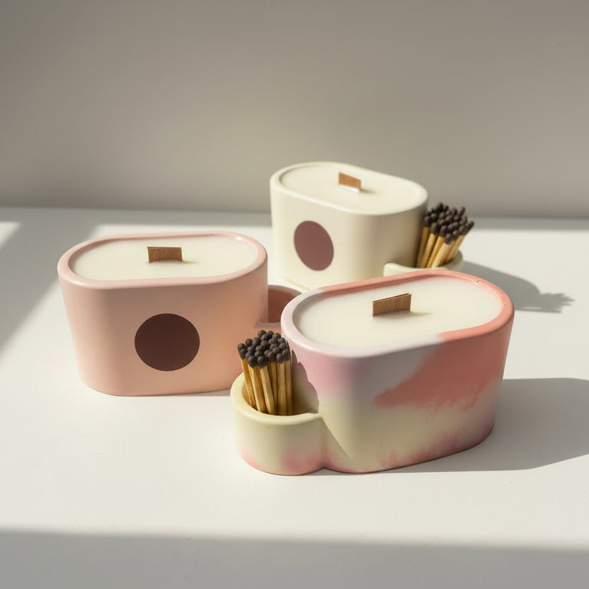 Three porcelain vessels with match holder and matches on a light surface