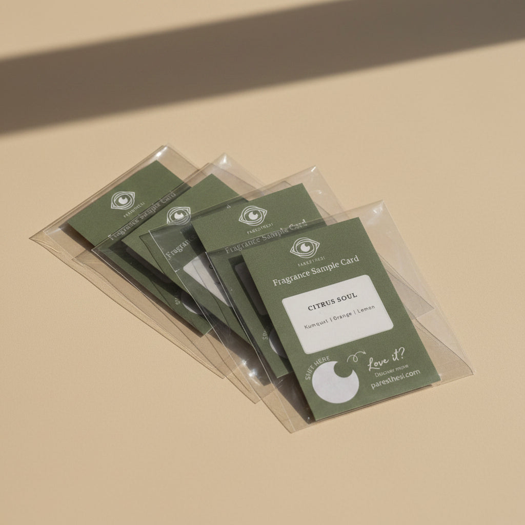 Fragrance sample cards on a beige surface