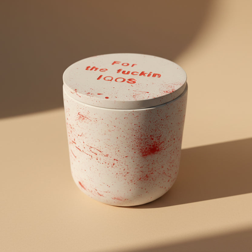 Porcelain vessel for IQOS with red text on a beige background
