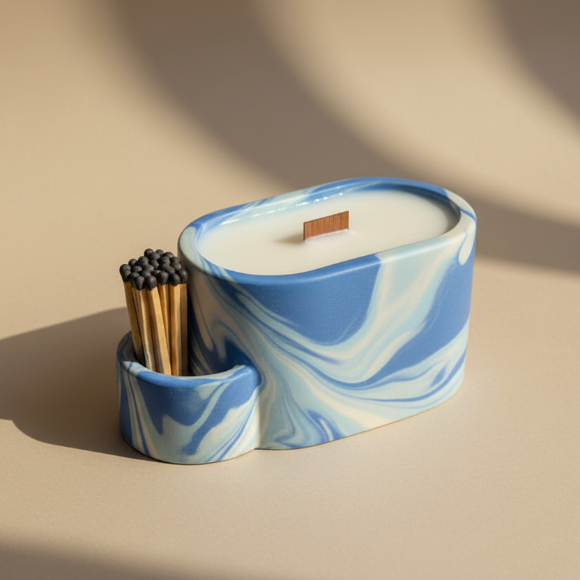 Marbled blue and white candle vesselwith matches on a beige background