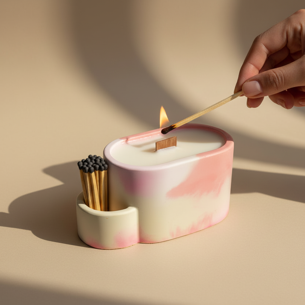 Person lighting a pink, yellow and white candle with a match, next to a holder of matches on a beige background.