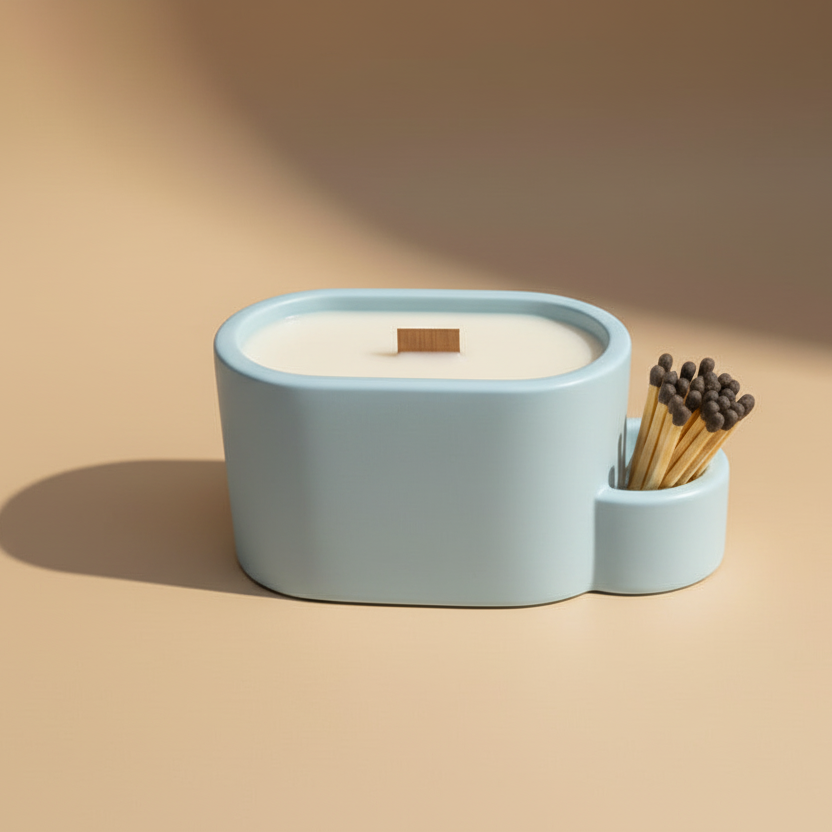 Light blue candle holder with a candle and matchstick holder on a beige background