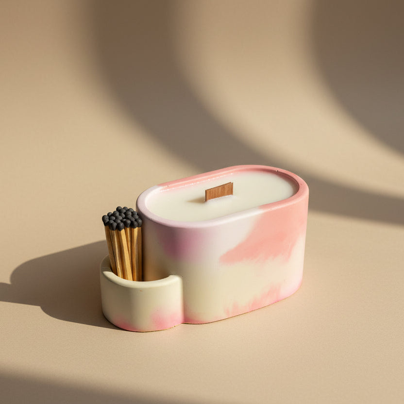 Porcelain candle holder with mixed colors design, matches, and wooden wick on a beige background