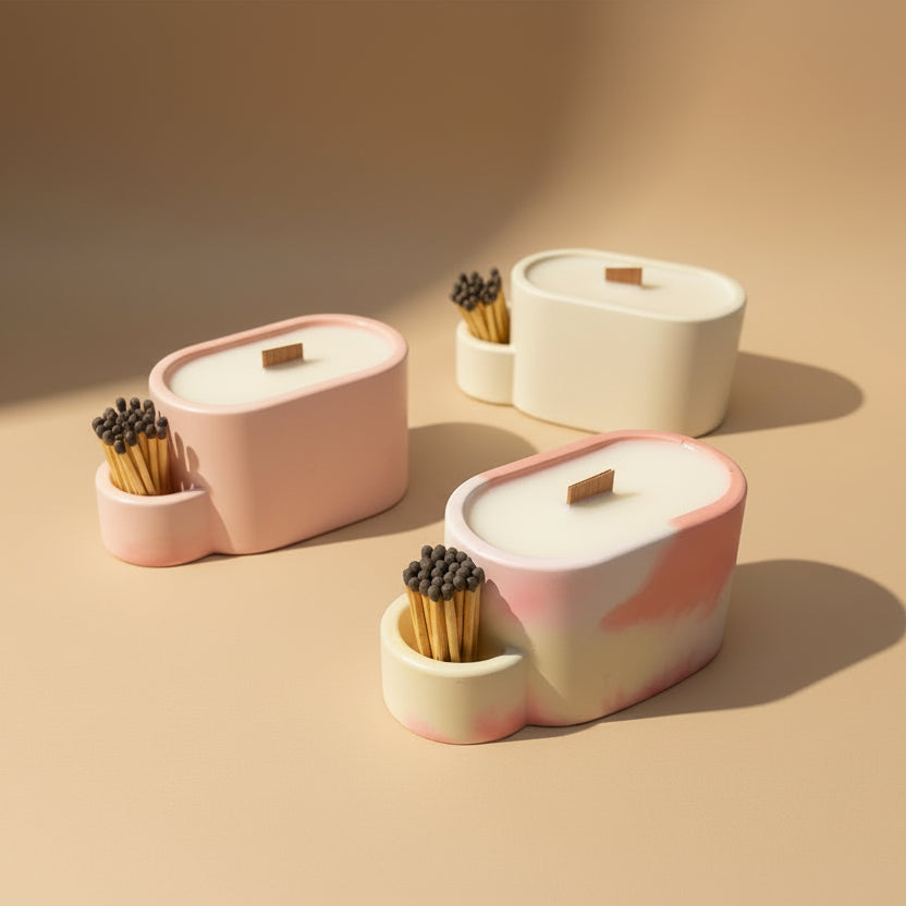 Porcelain candle holders with mixed colors design, matches, and wooden wick on a beige background