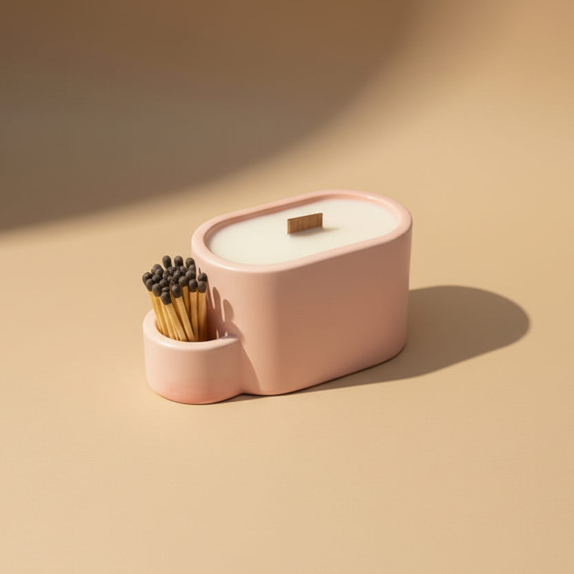 Pink candle holder with matches on a beige background