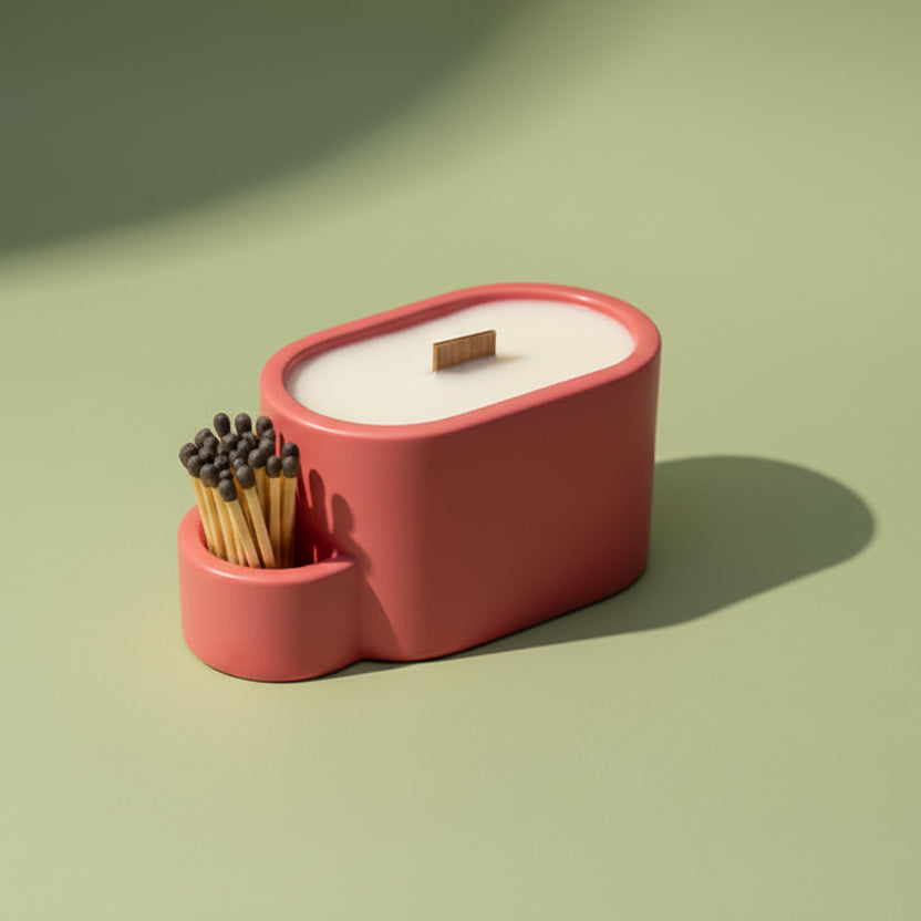 Red candle with match holder on a green background