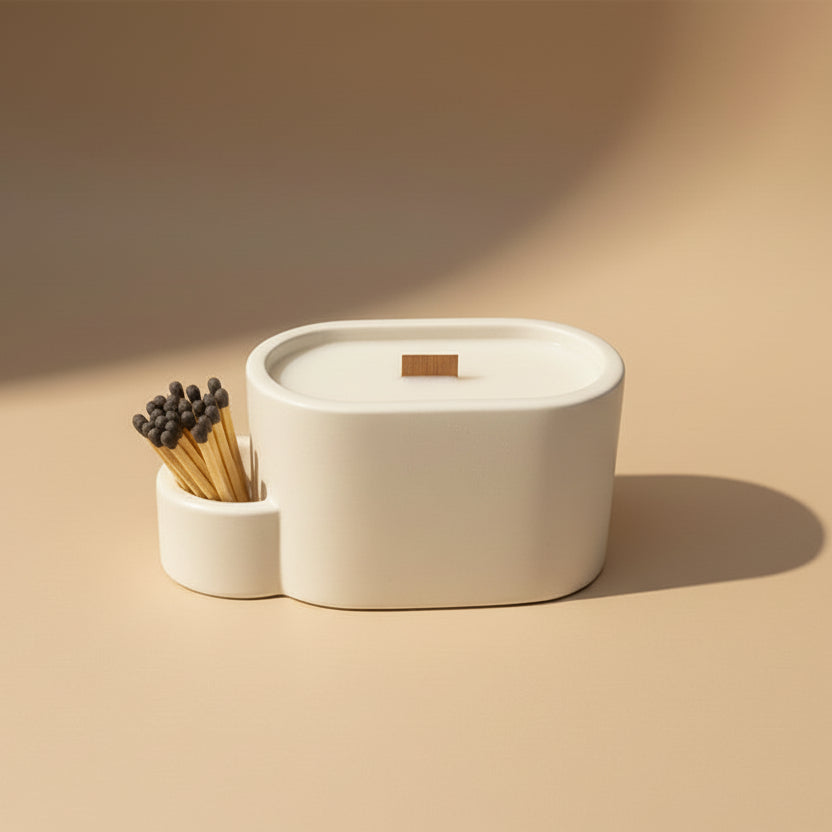 Candle in a porcelain vessel with a match holder on a beige background