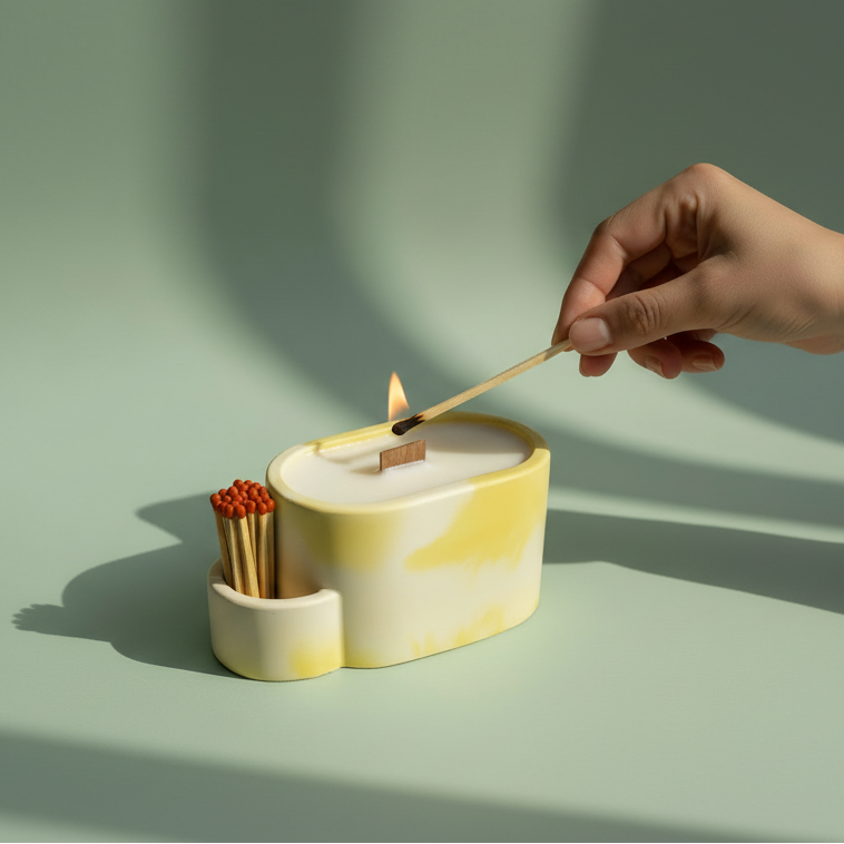 Hand lighting a candle with a match, next to a porcelain vessel with a candlewith a wooden wick and a match holder on a light green background
