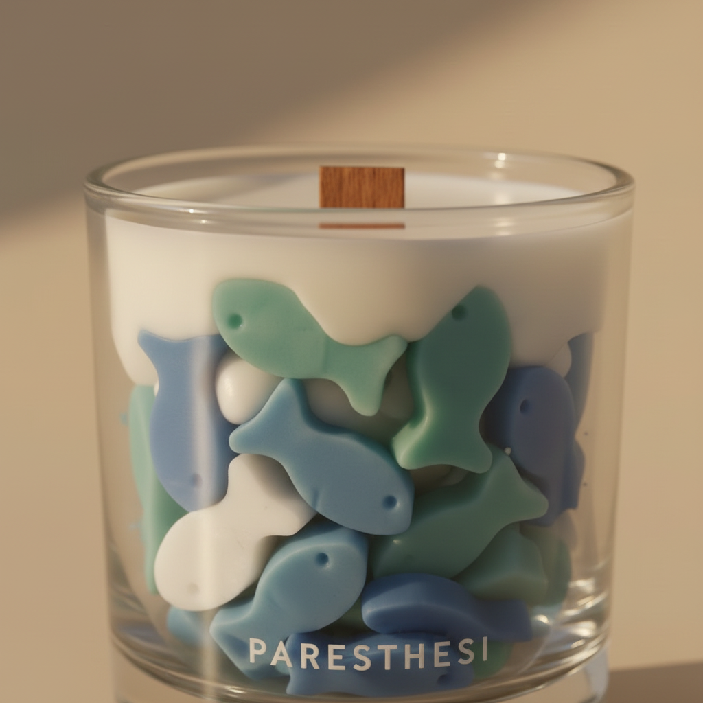 Glass candle with fish-shaped, wood wick and 'PARESTHESI' branding.