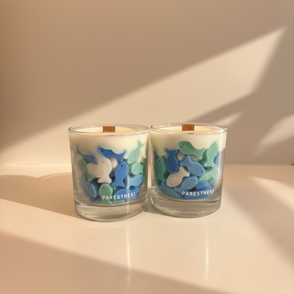 Two glass candles with colorful fish designs and 'PAESTHESI' branding on a beige background.