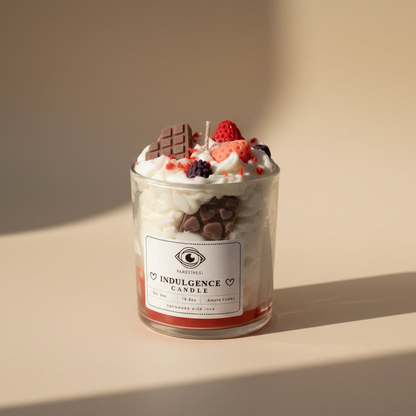 Decorative candle with strawberry, berries, chocolates, syrup, and whipped cream design on a white background