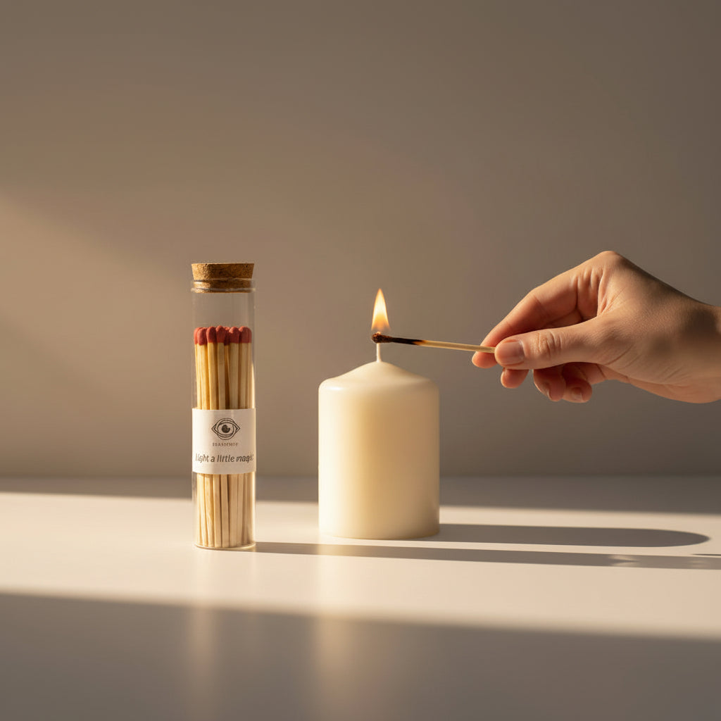 Tube of matches and a candle on a neutral background