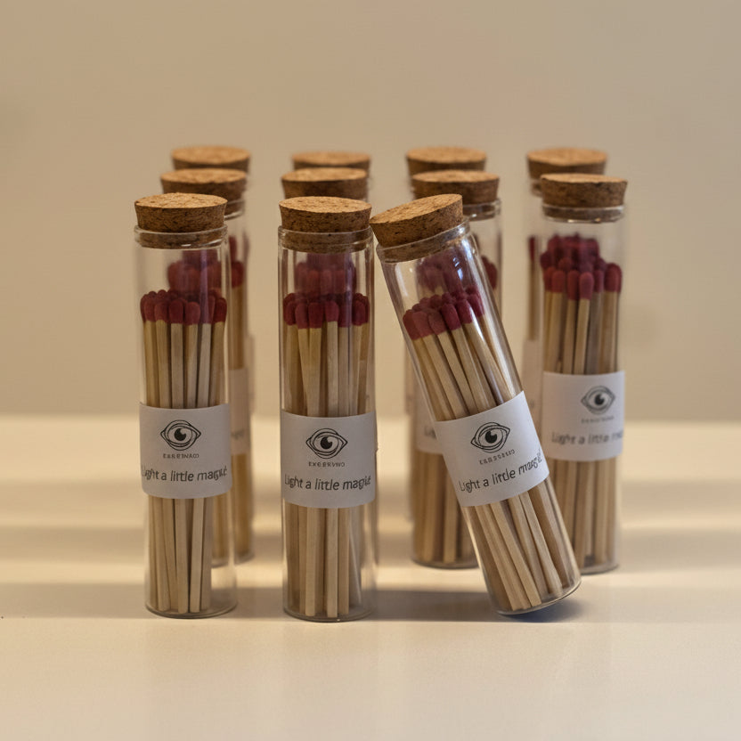 Set of small glass jars with cork lids containing matches on a neutral background