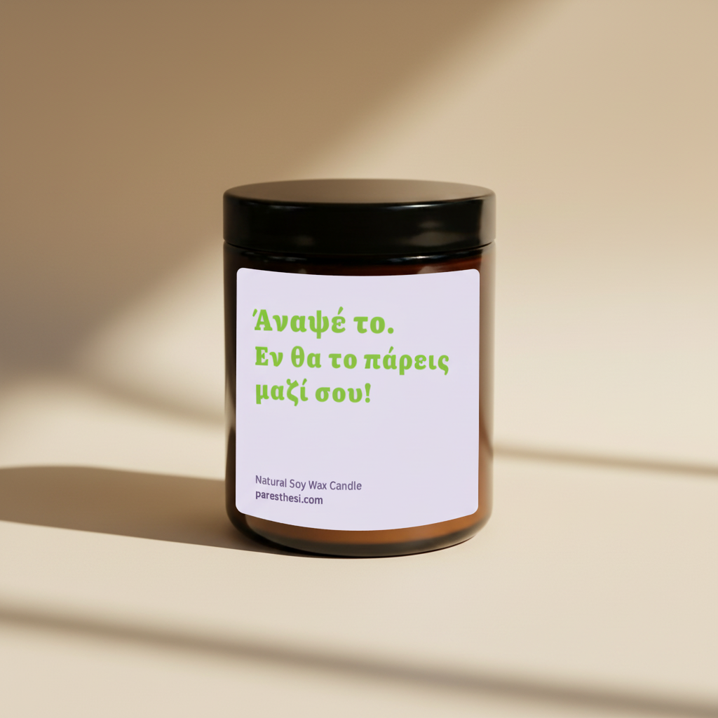 A natural soy wax candle in a dark amber glass jar with a black lid and a light purple label featuring green Greek text, set against a beige background.