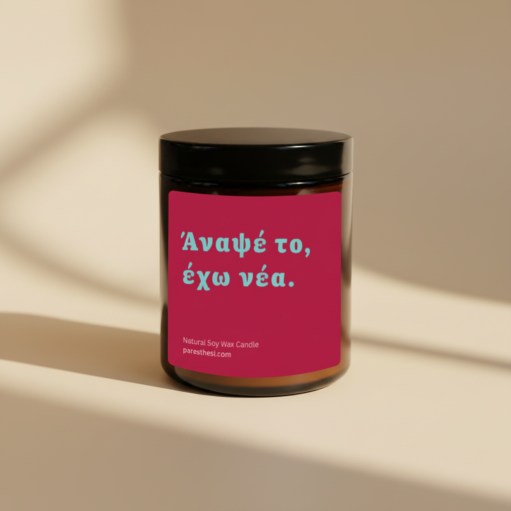 A natural soy wax candle in a clear glass jar with a black lid and a magenta-pink label featuring Greek text in turquoise color and the website paresthesi.com.