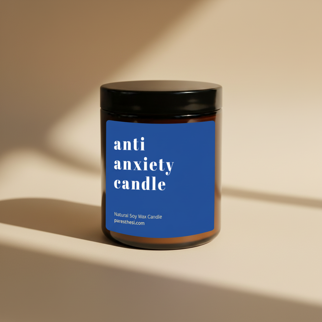 An amber glass jar candle with a black lid and a blue label reading 'anti anxiety candle' in white text, shown on a beige background.