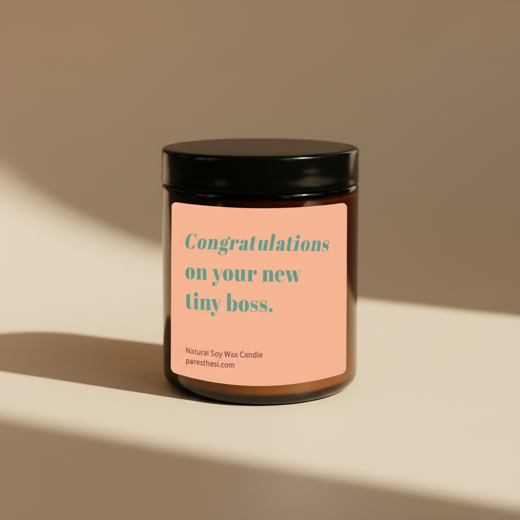A natural soy wax candle in an amber glass jar with a black lid and a peach-colored label that reads 'Congratulations on your new tiny boss.' in teal text.