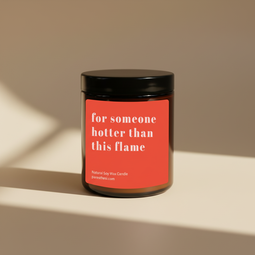 A single jar candle with a black lid and a bright coral-red label featuring white text that reads 'for someone hotter than this flame' with smaller text below reading 'Natural Soy Wax Candle' and 'paresthesi.com'. The candle is photographed on a plain beige background.