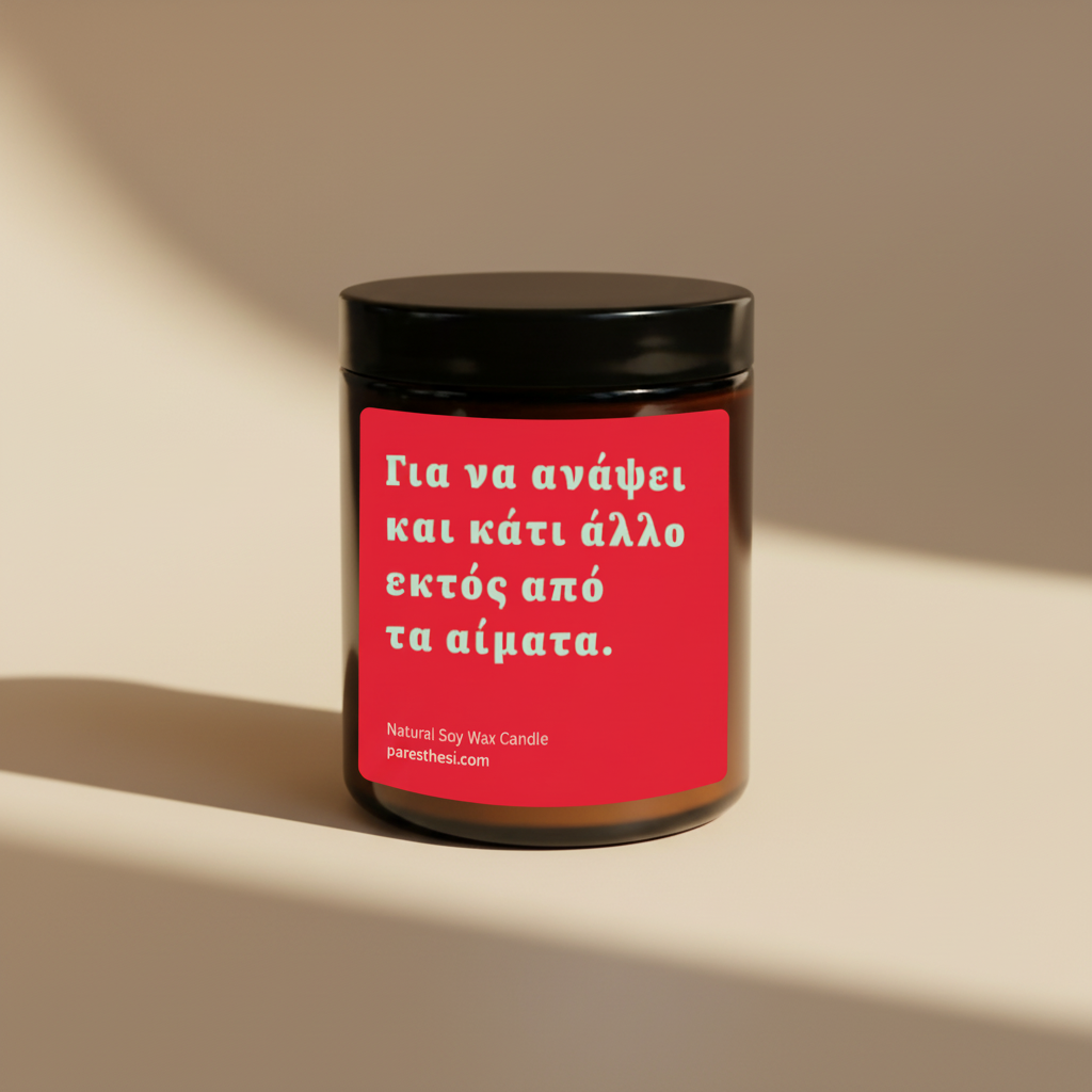 A jar of Paresthesi 'Natural Soy Wax Candle' featuring a bright red label with white Greek text and a black lid, set against a beige background.