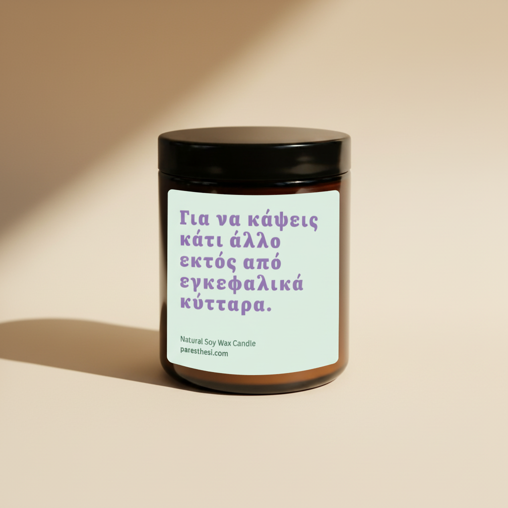 An amber glass jar candle with a black lid and a pale mint-green label featuring purple Greek text, set against a beige background.