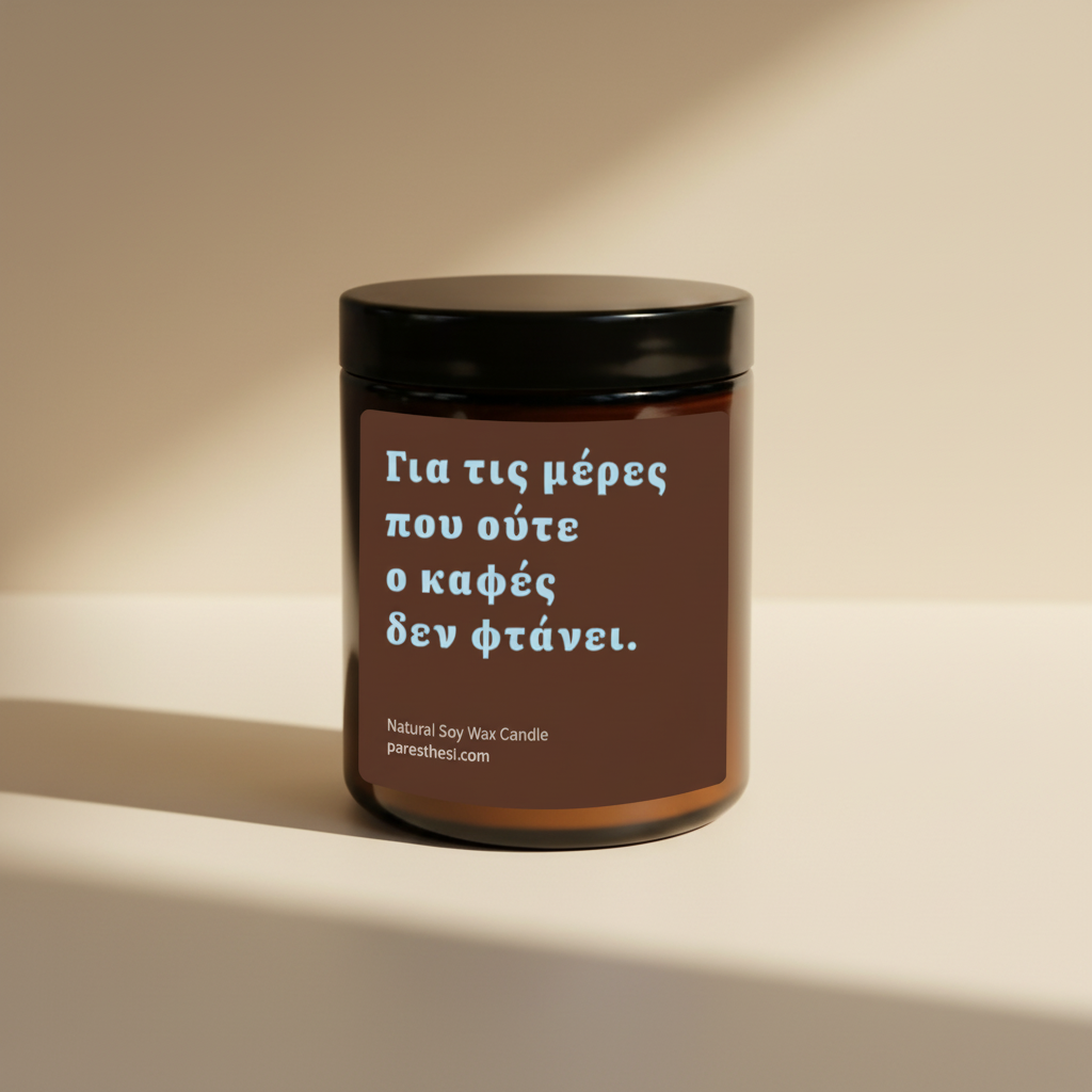 A natural soy wax candle in an amber glass jar with a black lid and a brown label featuring a Greek quote in white text, set against a plain white background.