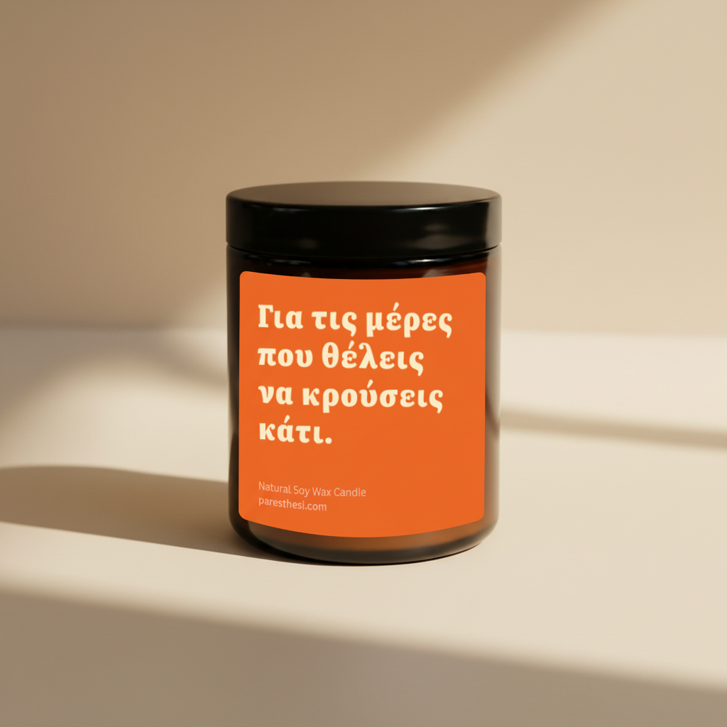 A dark amber glass jar candle with a black lid and a bright orange label featuring white Greek text, shown on a plain white background.