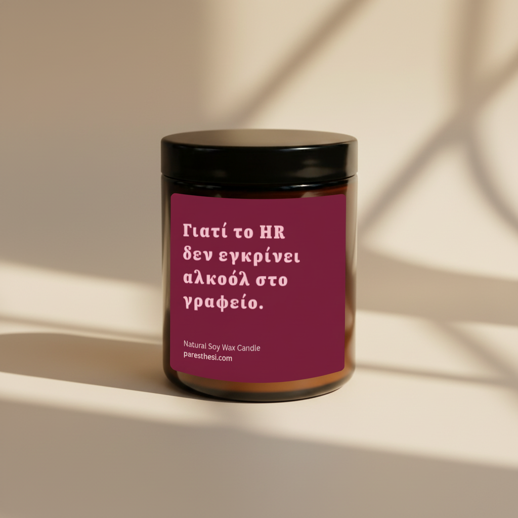 A single amber jar candle with a black lid and a deep magenta label featuring light pink Greek text, set against a beige background.