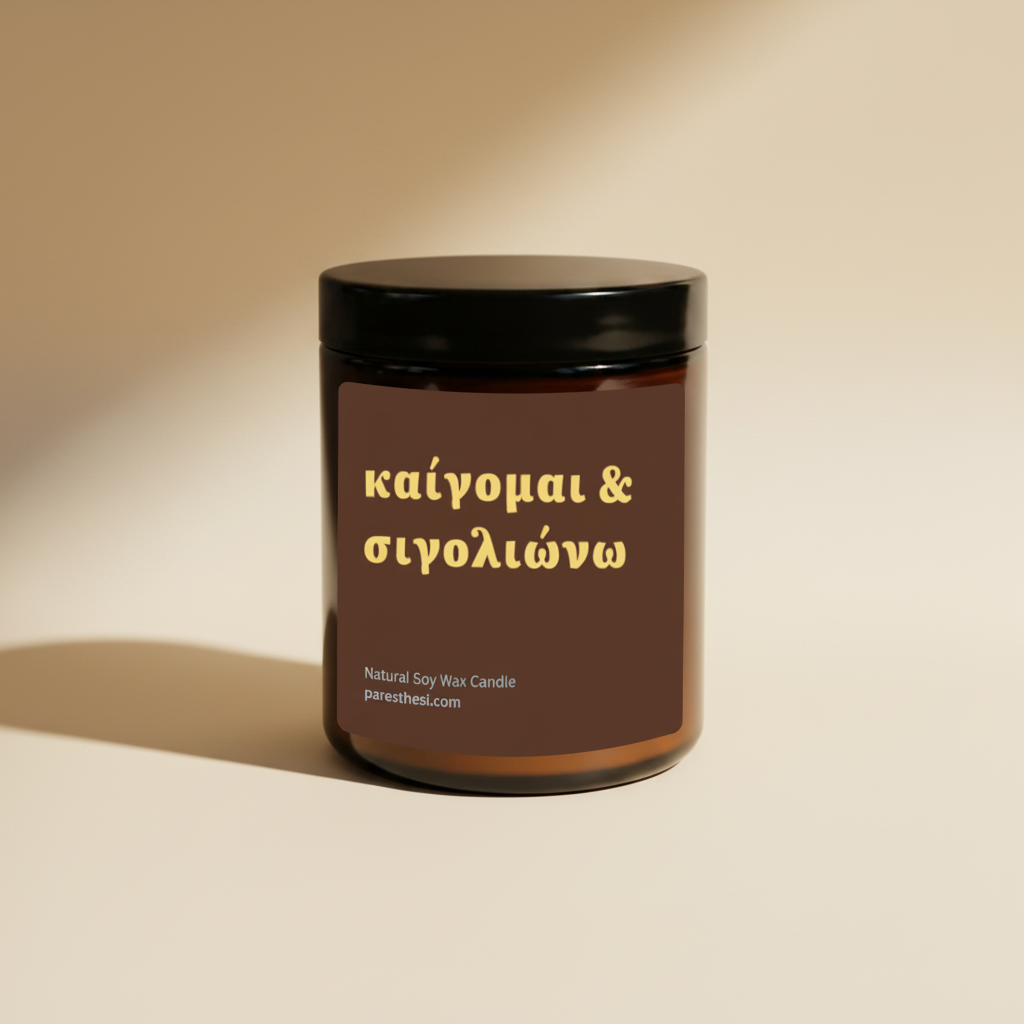 An amber glass jar candle with a black lid and a brown label featuring yellow Greek text, set against a plain white background.