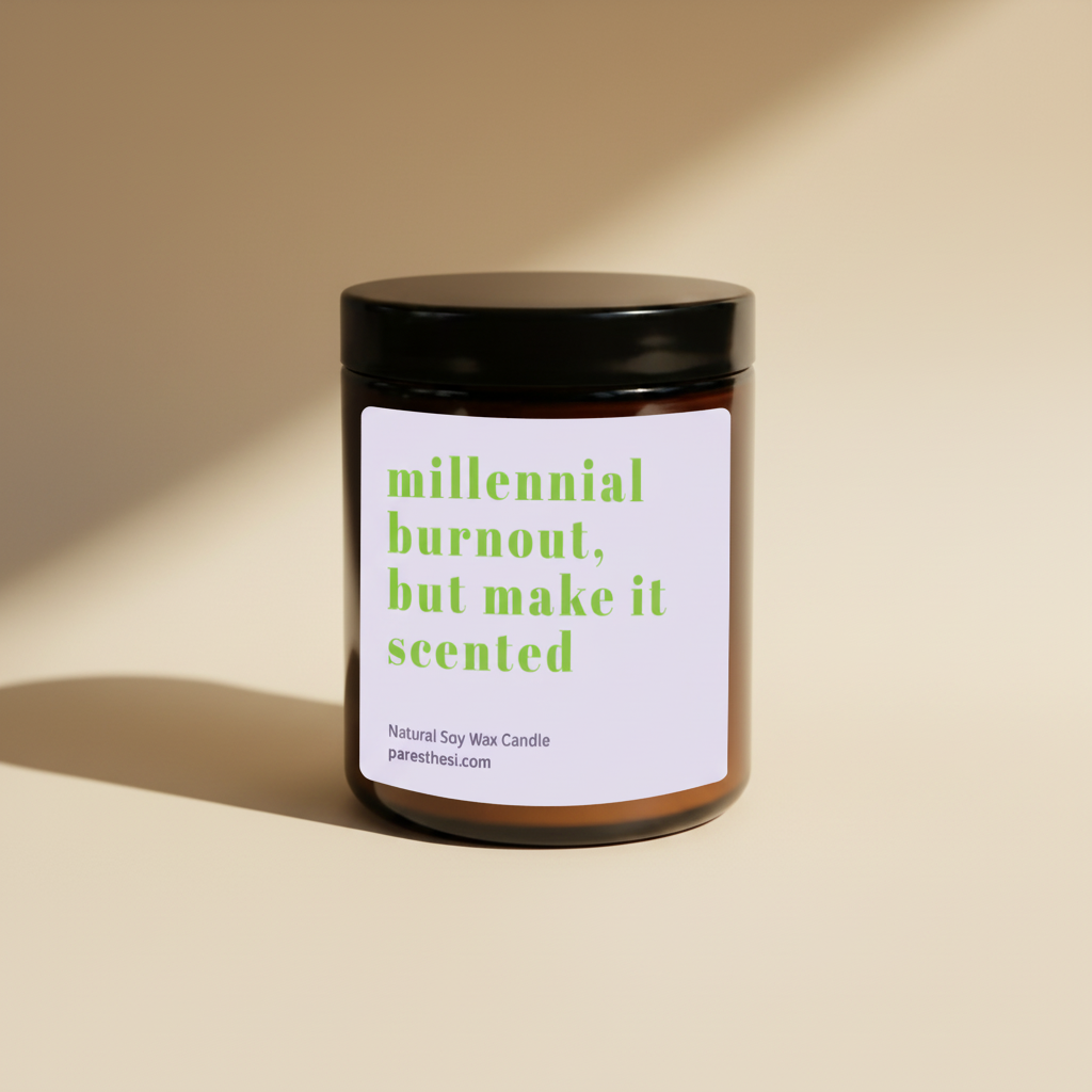 A natural soy wax candle in an amber glass jar with a black lid and a lila label featuring bright green text that reads 'millennial burnout, but make it scented'.