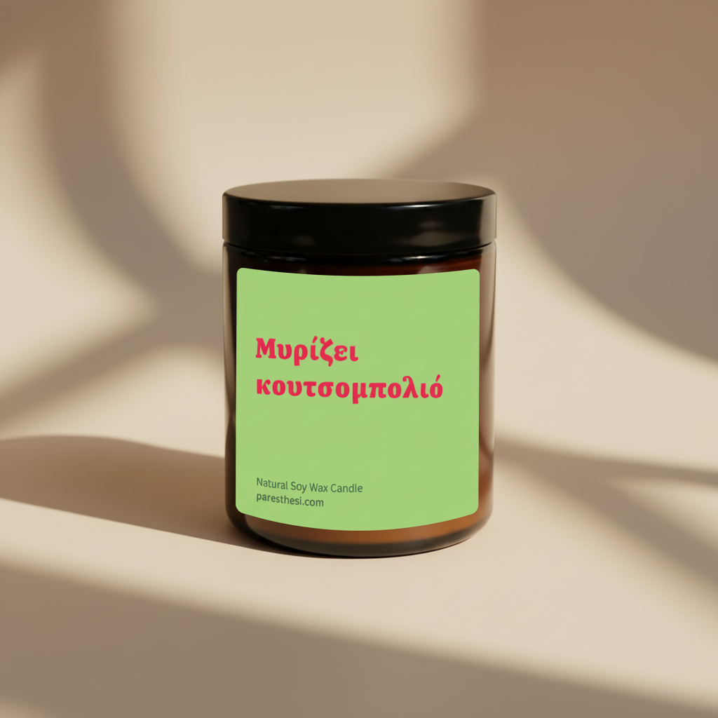 An amber glass jar candle with a black lid and a light green label featuring red Greek text and a small website URL, shown on a plain beige background.