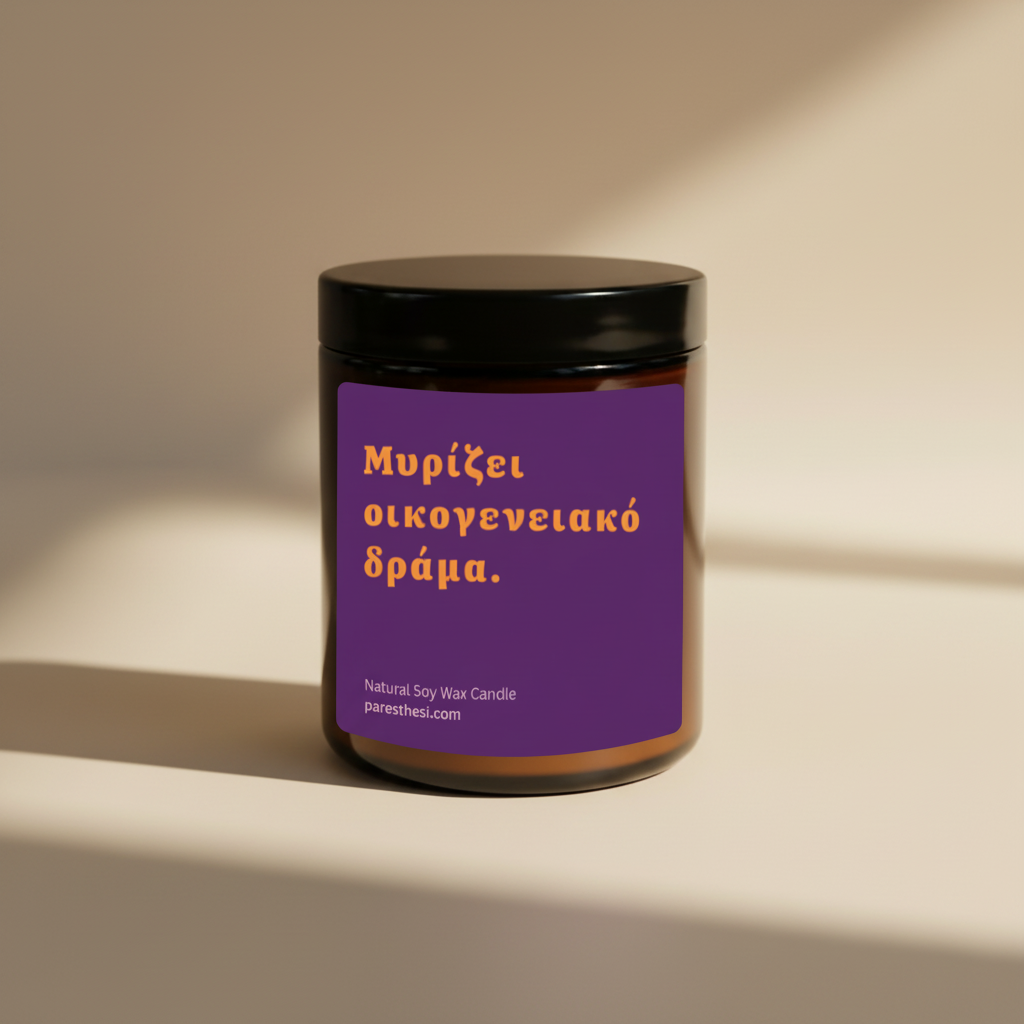 A jar of natural soy wax candle by the brand Paresthesi, featuring a purple label with Greek text and a black lid, set against a plain beige background.