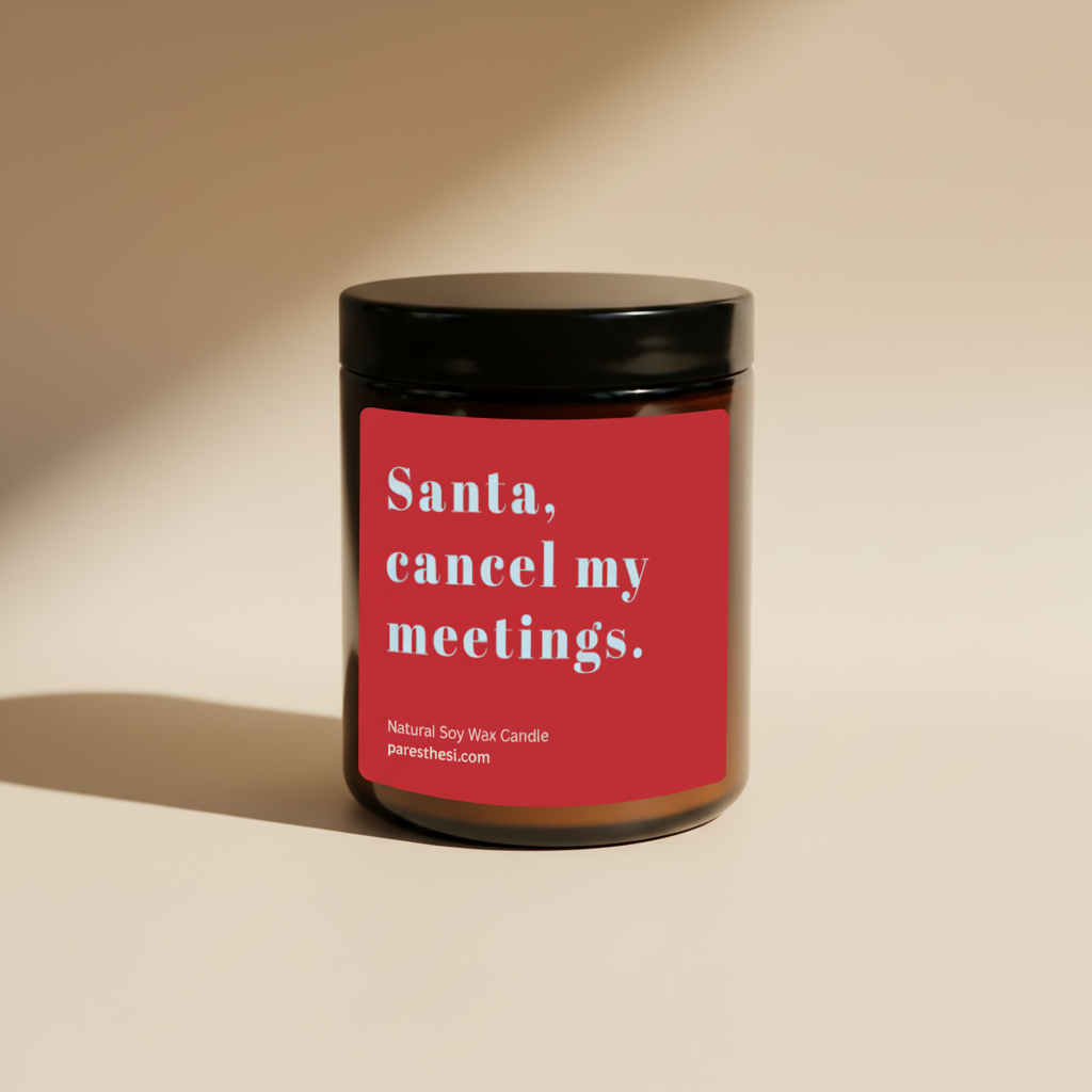 A glass jar candle with a black lid and a red label that reads 'Santa, cancel my meetings.' in white text, shown on a plain beige background.