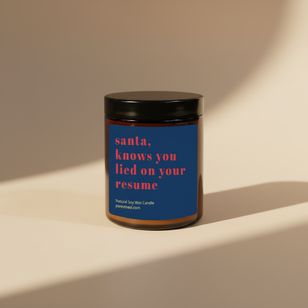 A single jar candle with a black lid and a dark blue label featuring red  that reads, 'Santa knows you lied on your resume.' The candle is photographed on a beige background.