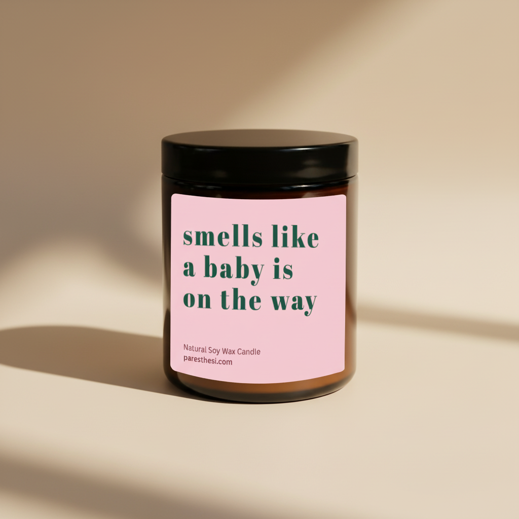 A natural soy wax candle in an amber glass jar with a black lid and a light pink label that reads 'smells like a baby is on the way' in dark green text.