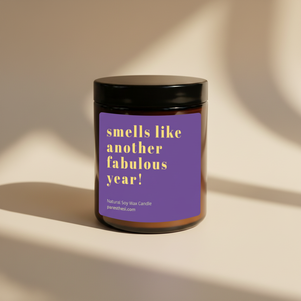 A natural soy wax candle in a dark amber glass jar with a black lid and a purple label that reads 'smells like another fabulous year!' in yellow text, on a plain beige background.