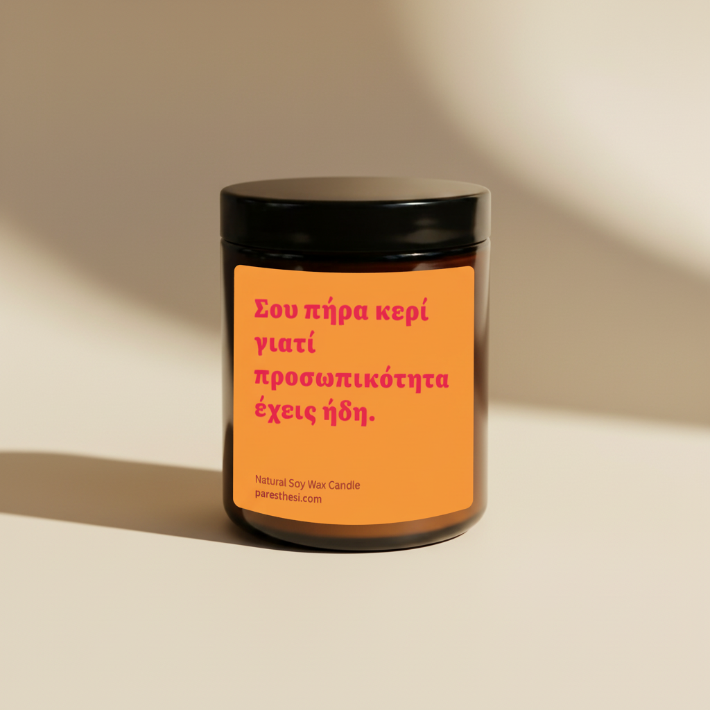 An amber glass jar candle with a black lid and a bright orange label featuring pink Greek text, shown on a beige background.