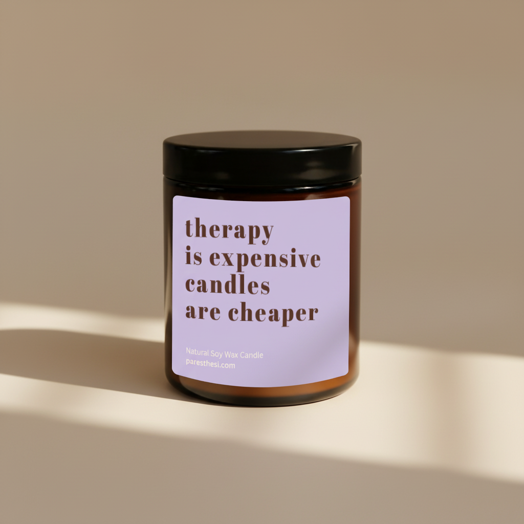 An amber glass jar candle with a black lid and a lavender label featuring the text 'therapy is expensive candles are cheaper' in dark brown lettering, shown on a plain white background.