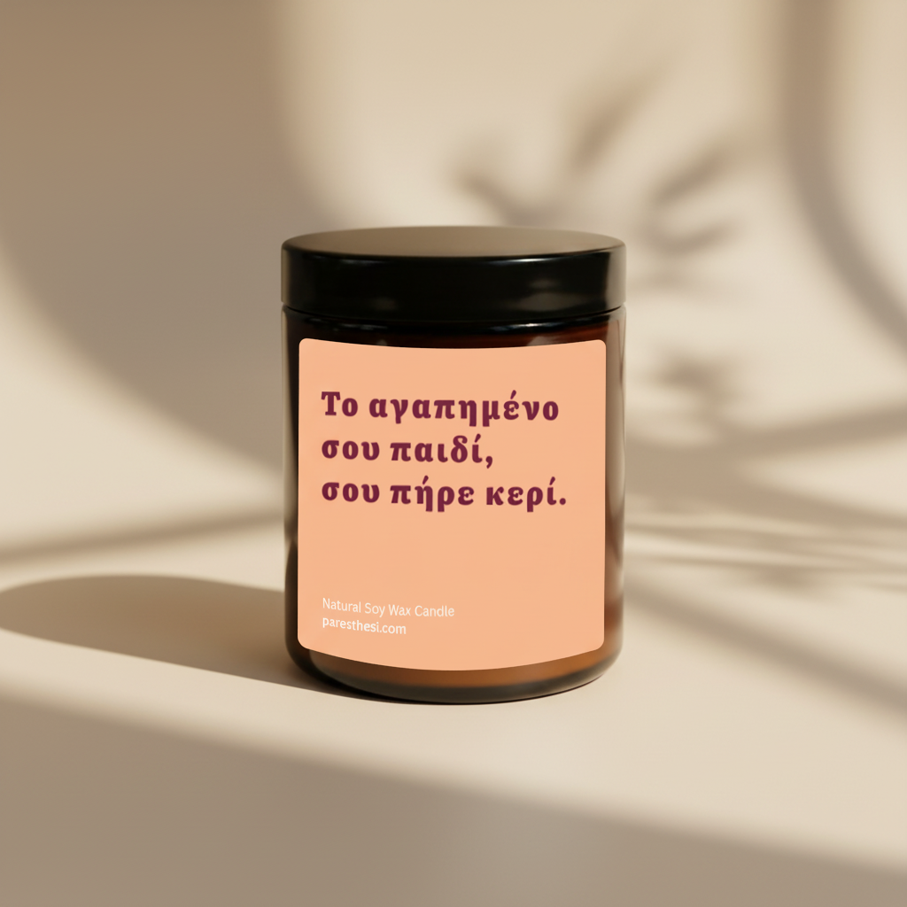 An amber glass jar candle with a black lid and a peach-colored label featuring a Greek quote in dark red text, shown on a beige background.