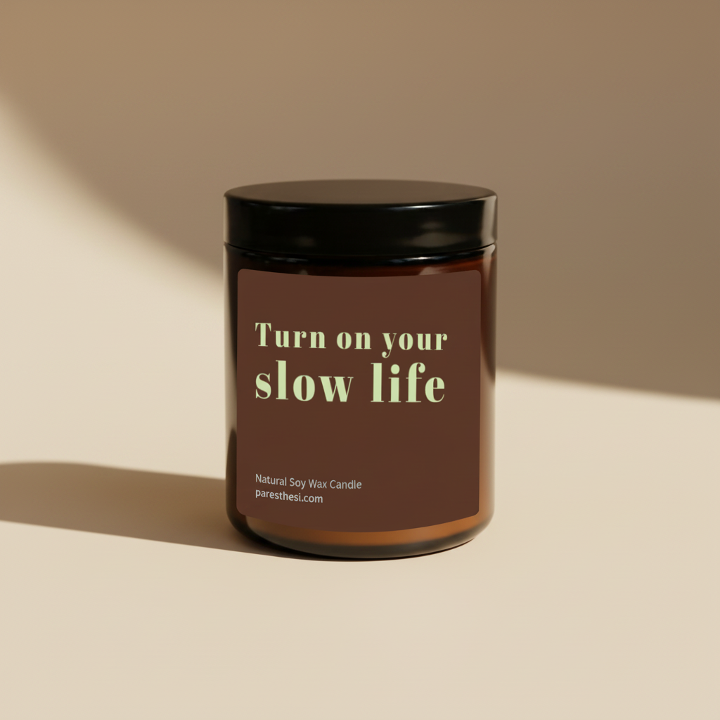 An amber glass jar candle with a black lid and a brown label that reads 'Turn on your slow life' in pale green text, shown on a plain white background.