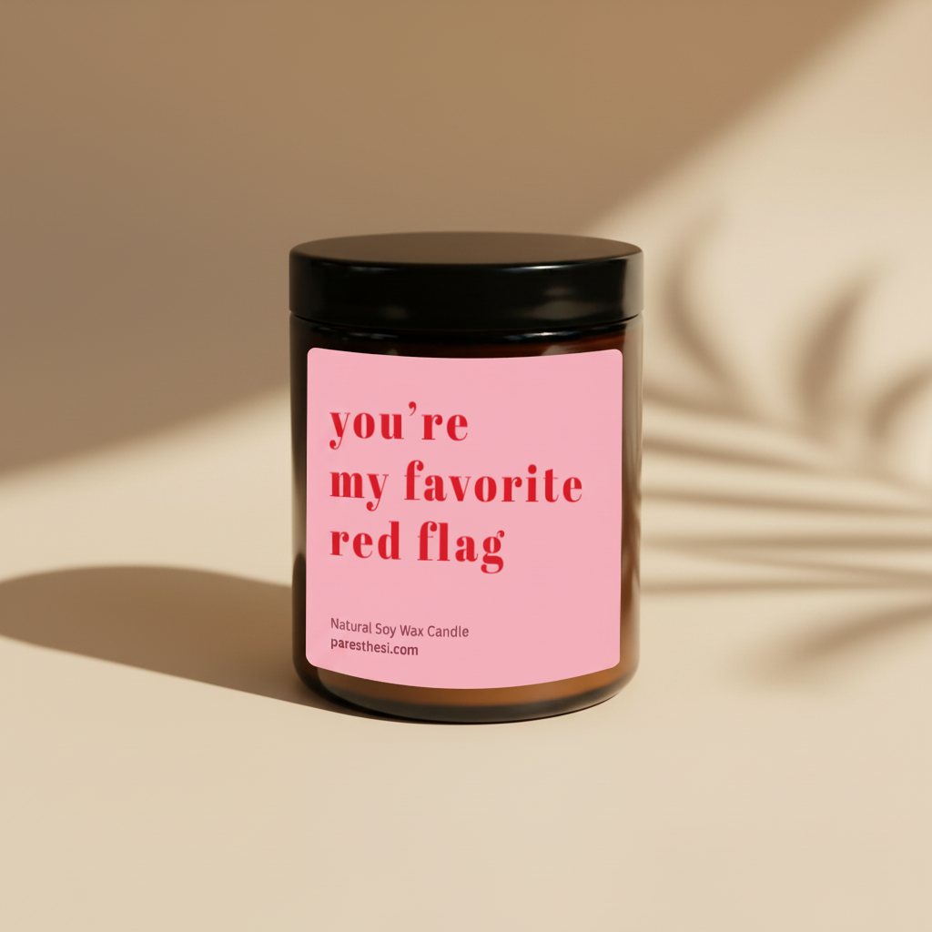 A natural soy wax candle in an amber glass jar with a black lid and a pink label that reads 'you're my favorite red flag' in red text, on a plain beige background.